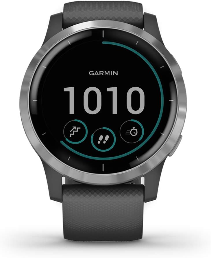 Garmin 010-02174-01 vivoactive 4, GPS Smartwatch, Features Music, Body Energy Monitoring, Animated Workouts, Pulse Ox Sensors and More, Silver with Gray Band