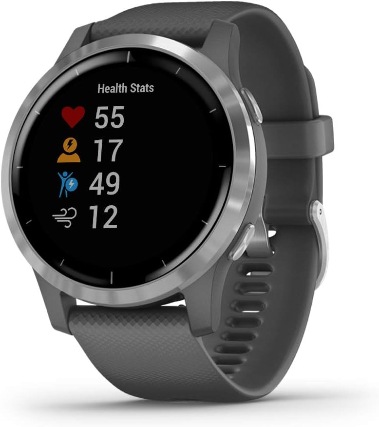 Garmin 010-02174-01 vivoactive 4, GPS Smartwatch, Features Music, Body Energy Monitoring, Animated Workouts, Pulse Ox Sensors and More, Silver with Gray Band