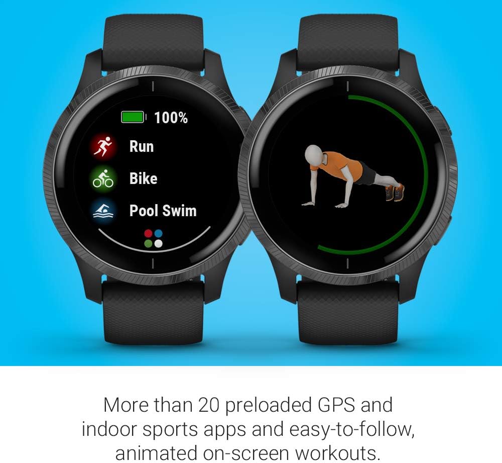 Garmin 010-02173-11 Venu, GPS Smartwatch with Bright Touchscreen Display, Features Music, Body Energy Monitoring, Animated Workouts, Pulse Ox Sensor and More, Black