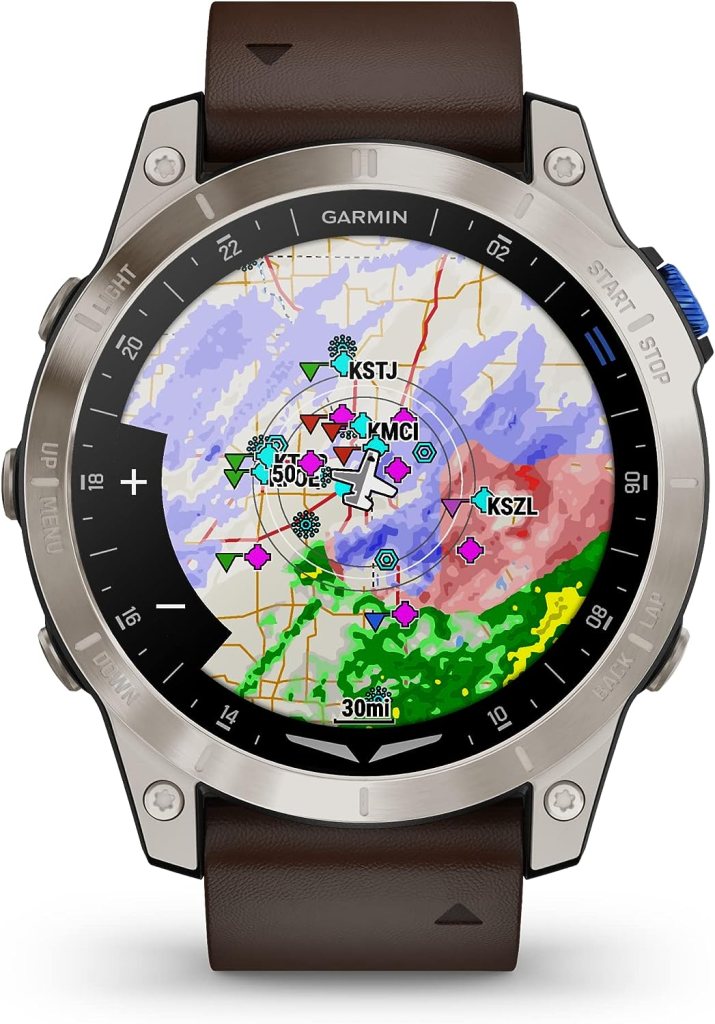 Garmin D2&trade; Mach 1, Touchscreen Aviator Smartwatch with GPS Moving Map, Aviation Weather, Health and Wellness Features and More, Oxford Brown Leather Band