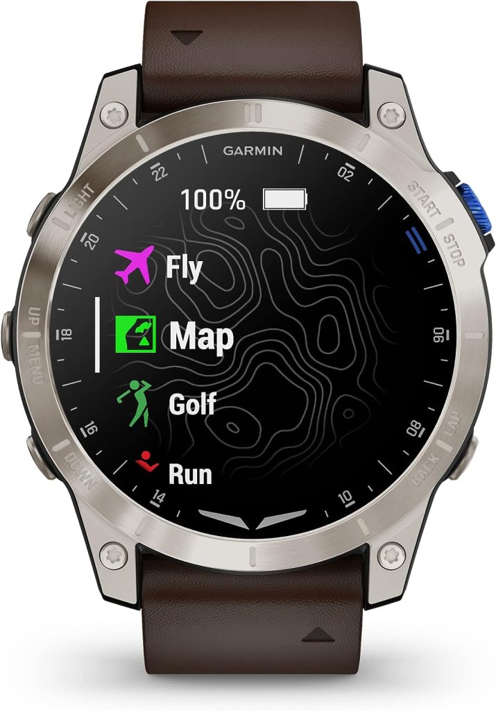 Garmin D2&trade; Mach 1, Touchscreen Aviator Smartwatch with GPS Moving Map, Aviation Weather, Health and Wellness Features and More, Oxford Brown Leather Band