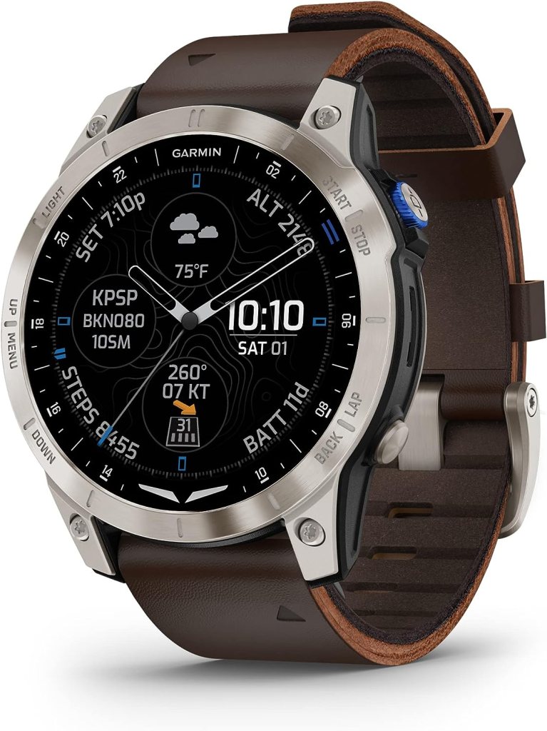 Garmin D2&trade; Mach 1, Touchscreen Aviator Smartwatch with GPS Moving Map, Aviation Weather, Health and Wellness Features and More, Oxford Brown Leather Band