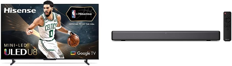 Hisense 55-Inch Class U8 Series ULED Mini-LED Google Smart TV - Quantum Dot Color  HS214 2.1ch Sound Bar with Built-in Subwoofer, 108W, All-in-one Compact Design