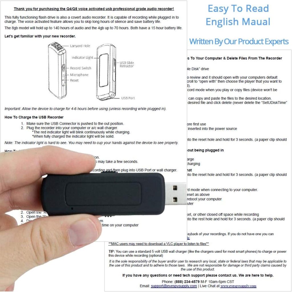 Mini Voice Activated Audio Recorder &ndash; Slim USB Recording Device | 15 Hour Battery | 70 Hour Recording Capacity | 192 Kbps Audio Quality | Easy to Use One Touch Sound Recorder | Date  Time Stamp