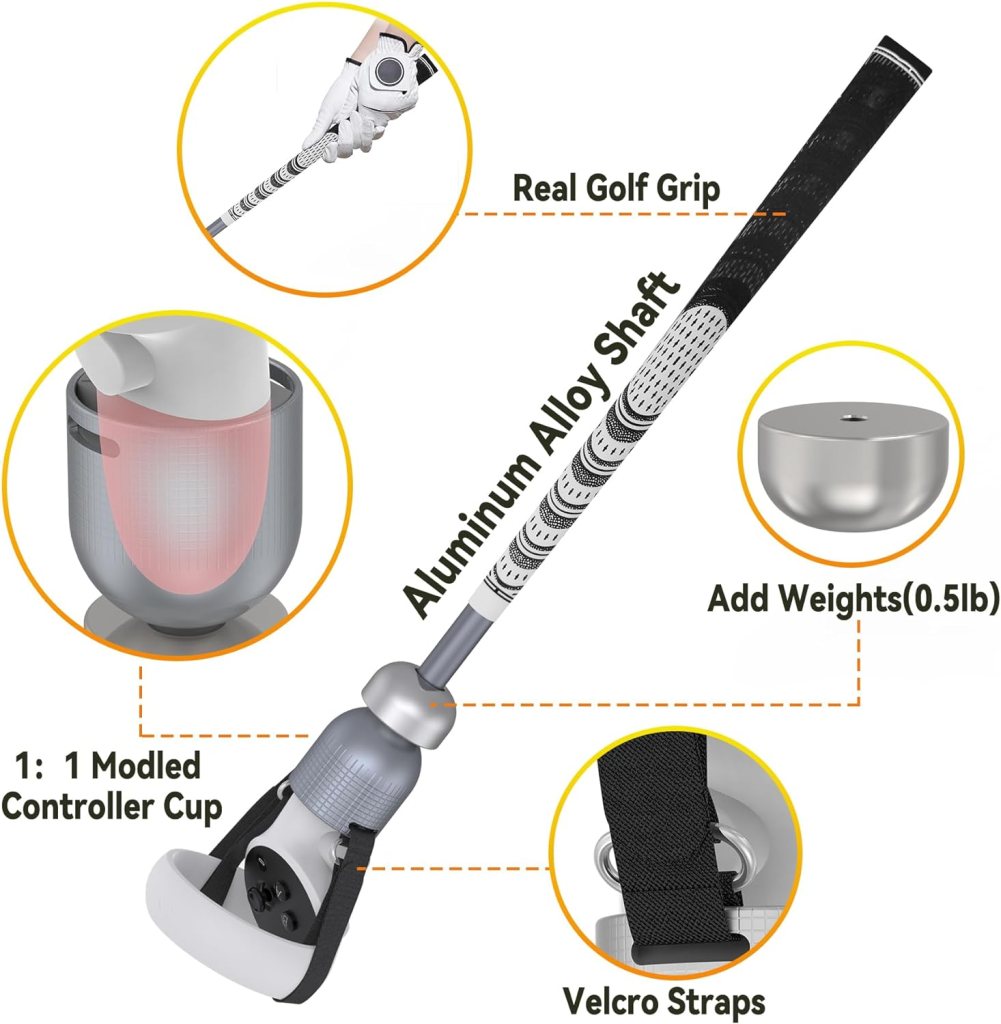 ZHGM Weighted VR Golf Club Attachment for Meta Quest 2/ Oculus Quest 2, Aluminum Golf Club Handle Accessory with Realistic Grip 2 Straps, 1: 1 Molded Controller Cup, Grey
