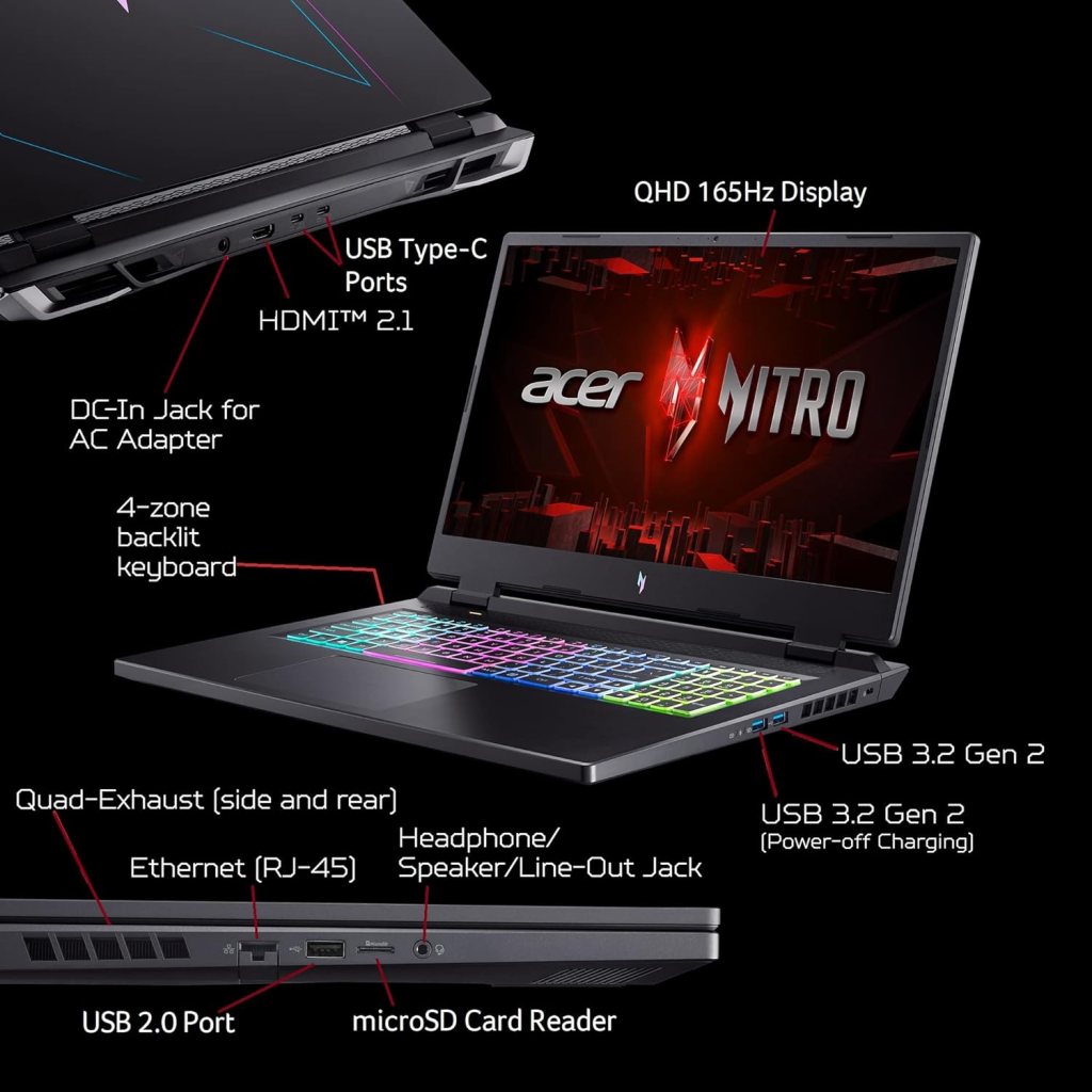 Acer Nitro 17 Gaming Laptop | AMD Ryzen 7 7840HS Octa-Core CPU | NVIDIA GeForce RTX 4060 Laptop GPU | 17.3 QHD 165Hz IPS Display | 1TB Gen 4 SSD | Wi-Fi 6E | RGB Backlit KB | AN17-41-R7G3, Black