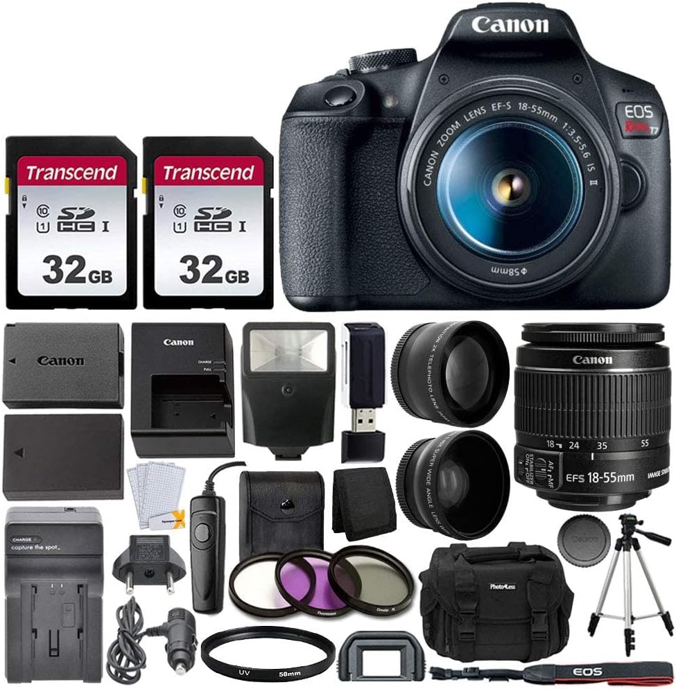 Canon EOS Rebel T7 Digital SLR Camera with EF-S 18-55mm f/3.5-5.6 is STM Lens + 64GB Memory Card + Wide Angle and Telephoto Lens + Tripod + Extra Battery + Remote + Slave Flash (Renewed)