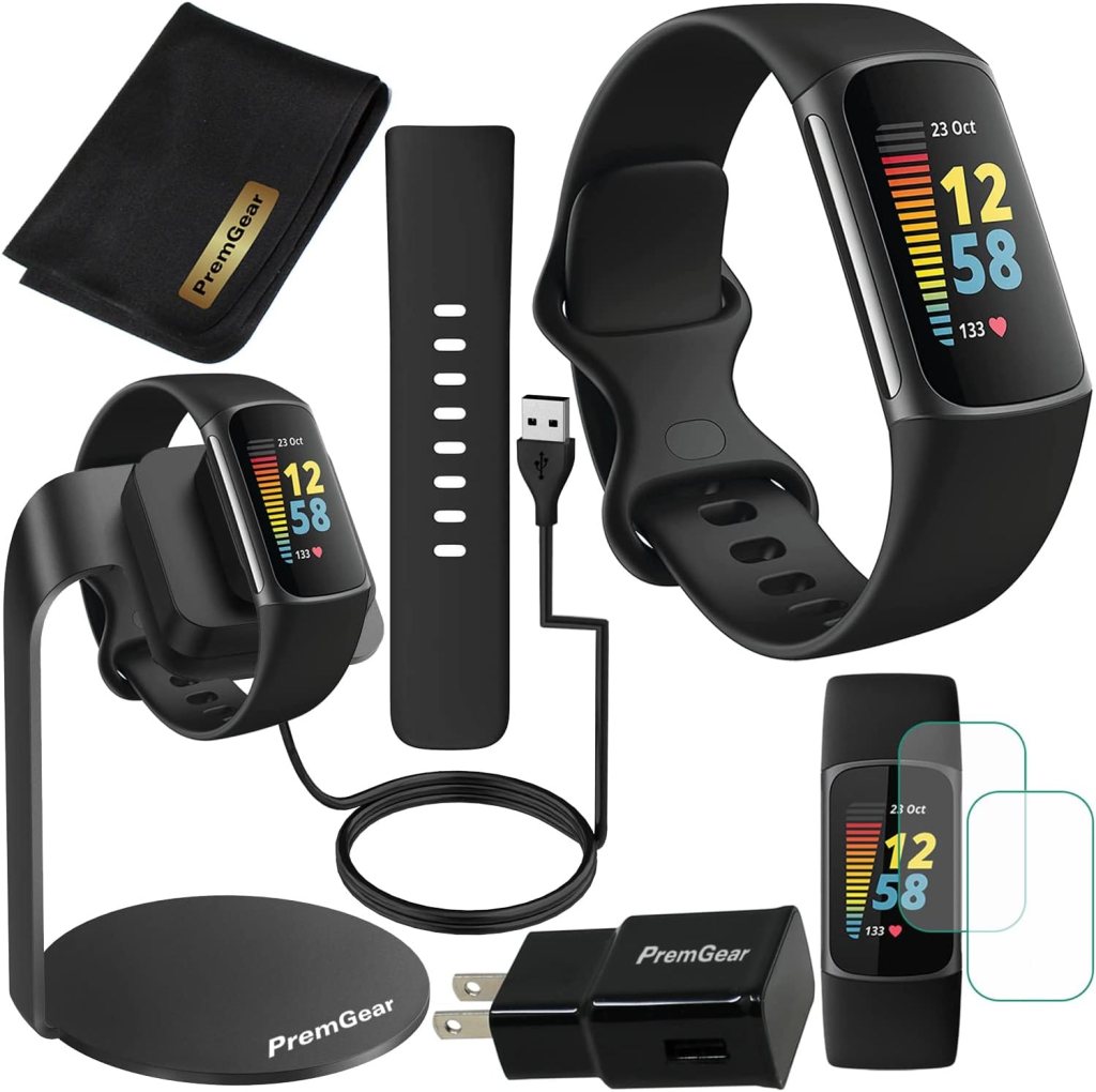 Fitbit Charge 5 Advanced Fitness  Health Tracker (Black) with Built-in GPS, Stress Tools, Bundle with 2 Watch Bands, 3.3foot Metal Charging Dock, Wall Adapter, Screen Shield  PremGear