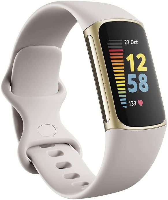 Fitbit Charge 5 Advanced Health  Fitness Tracker with Built-in GPS, Stress Management Tools, Sleep Tracking, 24/7 Heart Rate and More, Lunar White/Soft Gold, One Size (S L Bands Included)