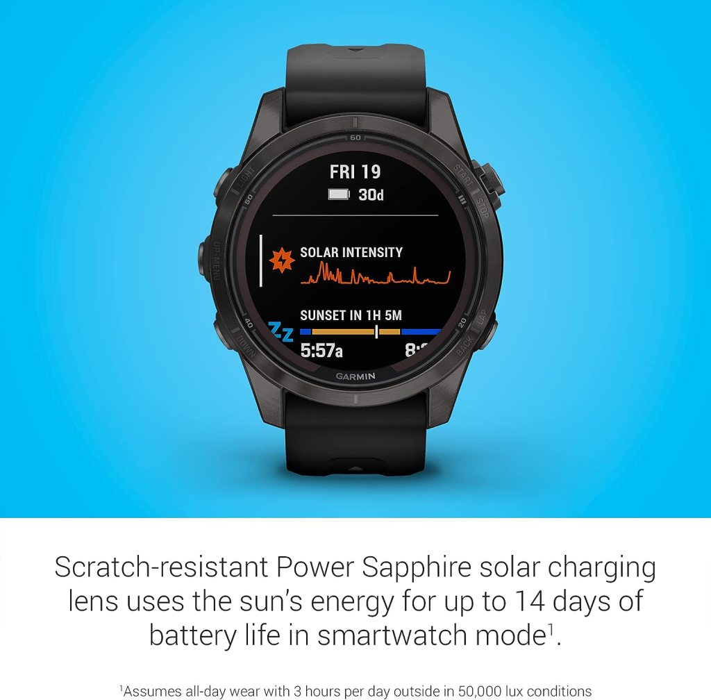 Garmin fēnix 7S Pro Sapphire Solar, Multisport GPS Smartwatch, Built-in Flashlight, Solar Charging Capability, Black