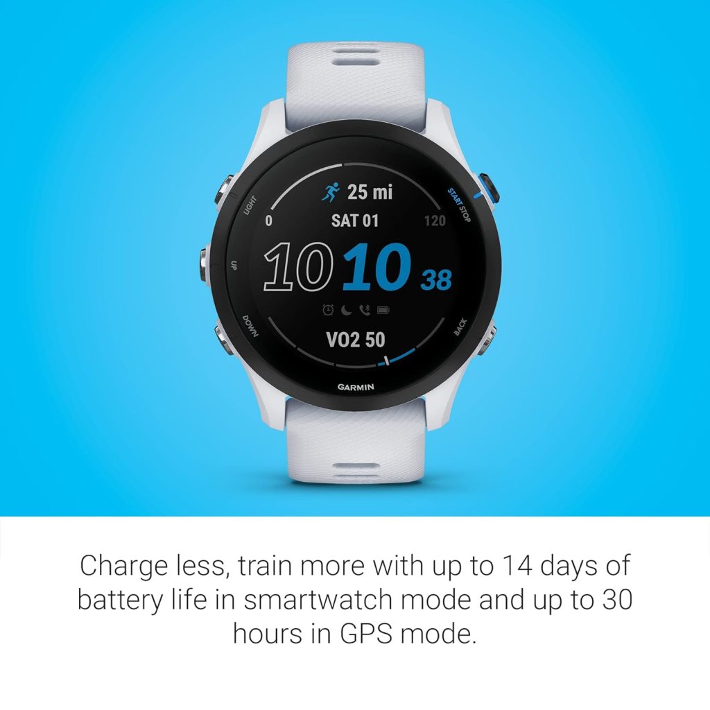 Garmin Forerunner® 255 Music, GPS Running Smartwatch with Music, Advanced Insights, Long-Lasting Battery, White