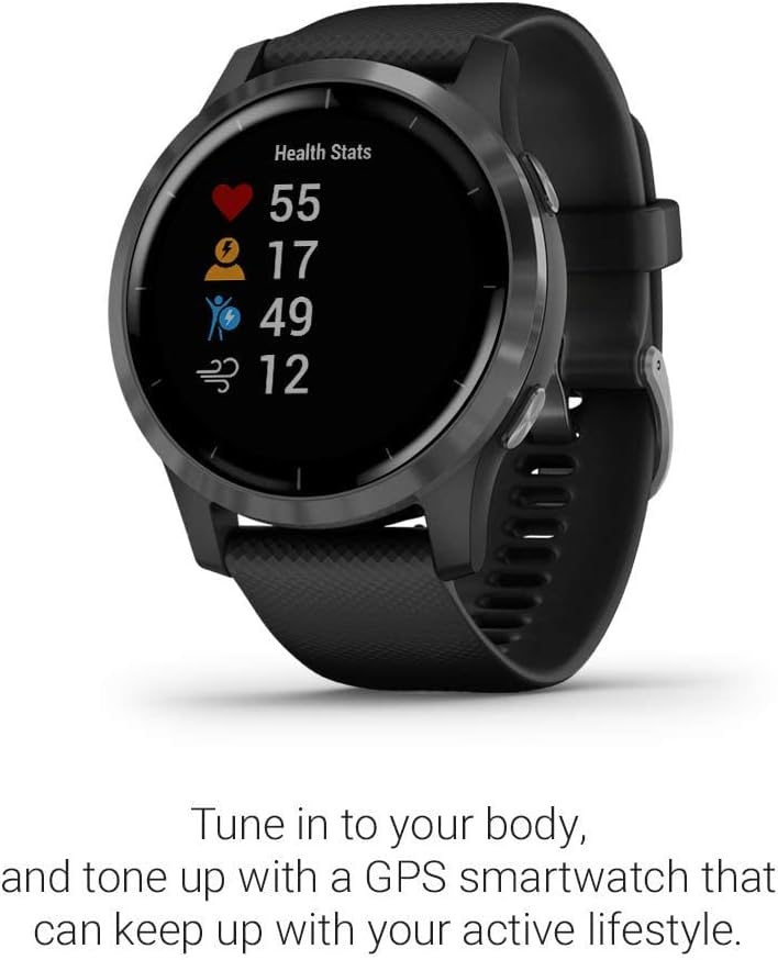 Garmin vivoactive 4 GPS Smart Watch in Slate Stainless Steel Bezel with Black Case and Silicone Band (Renewed)