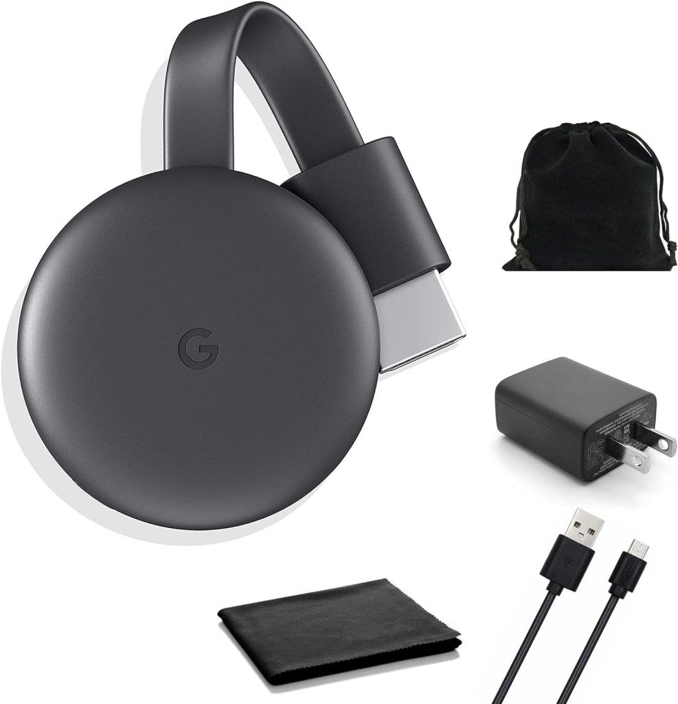 Google Chromecast - Streaming Device with HDMI Cable - Stream Shows, Music, Photos, and Sports from Your Phone to Your TV with Microfiber Cloth and Travel Carrying Pouch - Charcoal, Black