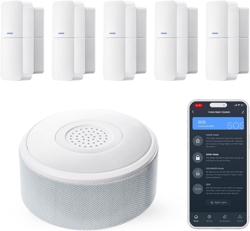 Home Zone Security Smart Wireless Door, Window Sensor and Security Siren Alarm Kit - DIY APP Controlled Security Kit with No Subscription Needed, Batteries Included (5-Pack)