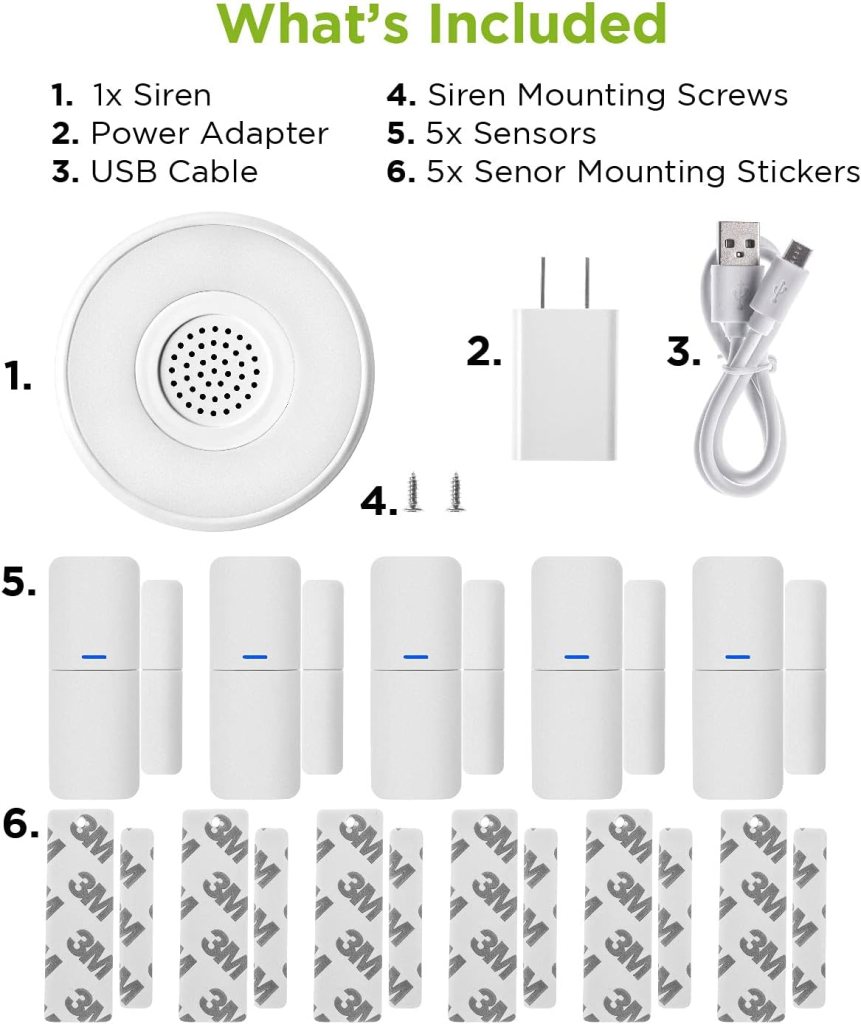 Home Zone Security Smart Wireless Door, Window Sensor and Security Siren Alarm Kit - DIY APP Controlled Security Kit with No Subscription Needed, Batteries Included (5-Pack)
