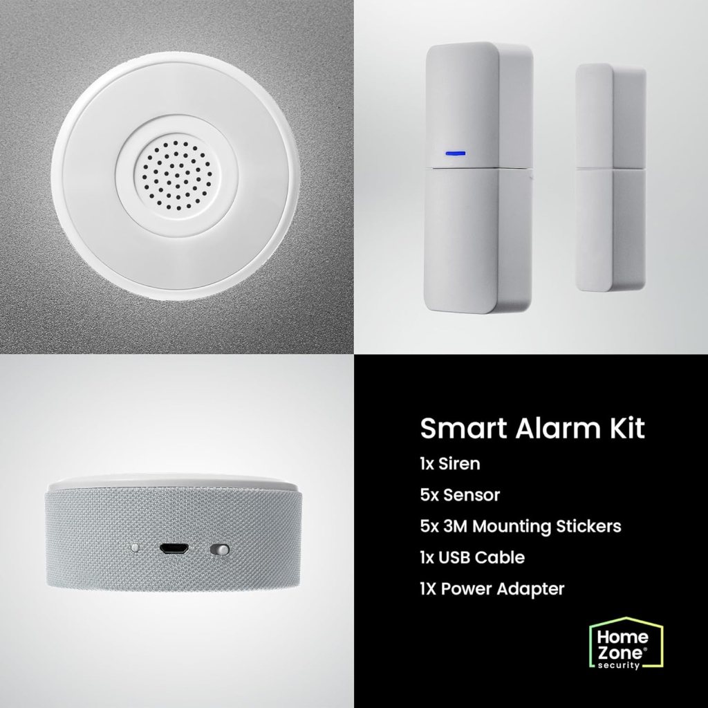 Home Zone Security Smart Wireless Door, Window Sensor and Security Siren Alarm Kit - DIY APP Controlled Security Kit with No Subscription Needed, Batteries Included (5-Pack)
