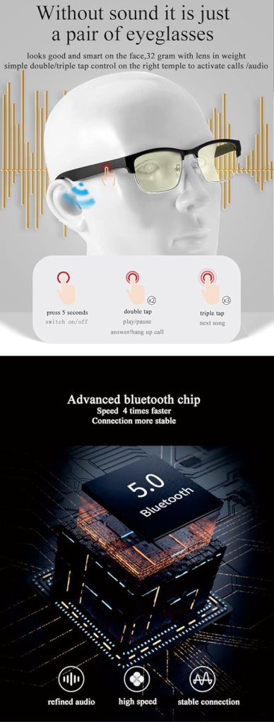 OOAVR Bluetooth Glasses,New Wireless Bluetooth Glasses,Smart Audio Glasses,Mens/Womens Indoor And Outdoor Entertainment Smart Glasses,Including 2 Magnetic Charging Wires(silver,clear)