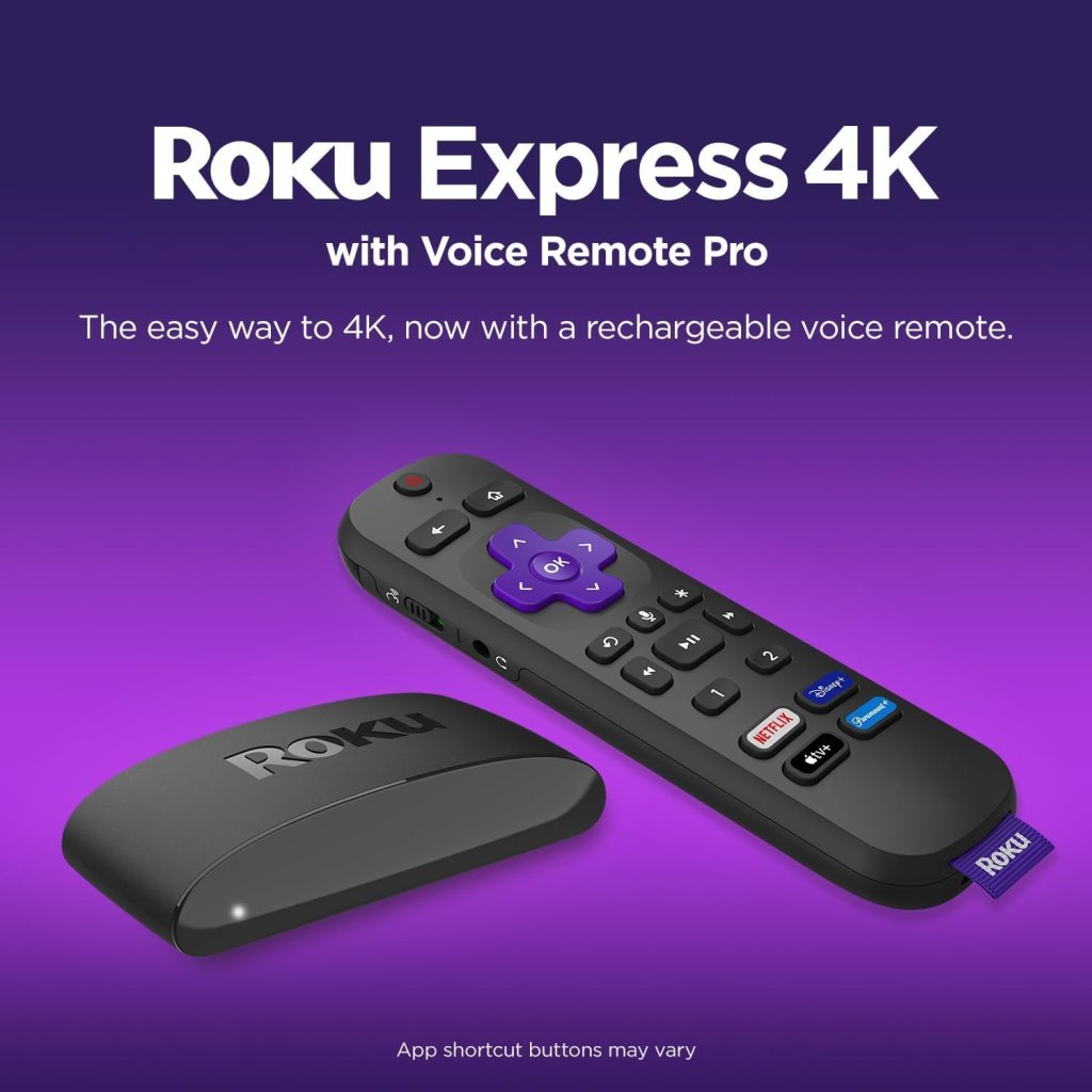 Roku Express 4K with Voice Remote Pro | Roku Streaming Device 4K/HDR, Rechargeable Roku Remote, Hands-Free Controls, Lost Remote Finder, Free Live TV—Amazon Exclusive Roku Express 4K with Voice Remote Pro | Roku Streaming Device 4K/HDR, Rechargeable Roku Remote, Hands-Free Controls, Lost Remote Finder, Free Live TV—Amazon Exclusive