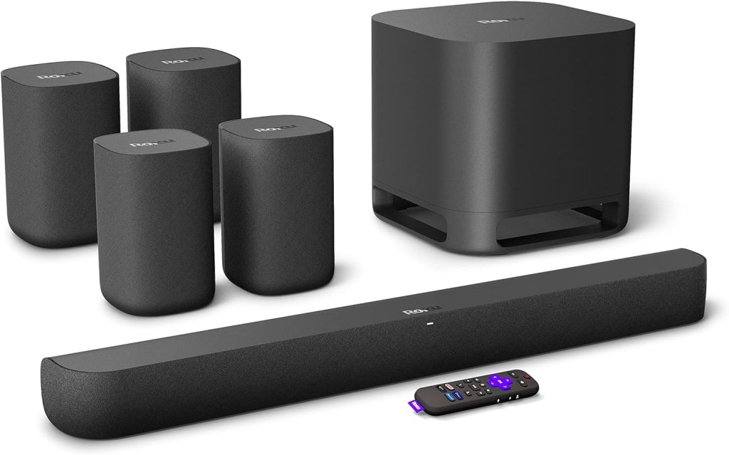 Roku Streambar Pro Full Surround Sound Set | 4K HDR Streaming Device Cinematic Soundbar All in One, Four Wireless TV Speakers, Wireless Pro Subwoofer, Enhanced Roku Voice Remote, Free Live TV Roku Streambar Pro Full Surround Sound Set | 4K HDR Streaming Device Cinematic Soundbar All in One, Four Wireless TV Speakers, Wireless Pro Subwoofer, Enhanced Roku Voice Remote, Free Live TV