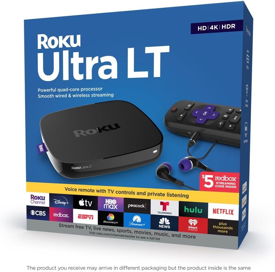 Roku Ultra LT 4K/HDR/HD Streaming Player with Enhanced Voice Remote, Ethernet, MicroSD with Premium 6FT 4K Ready HDMI Cable, Black