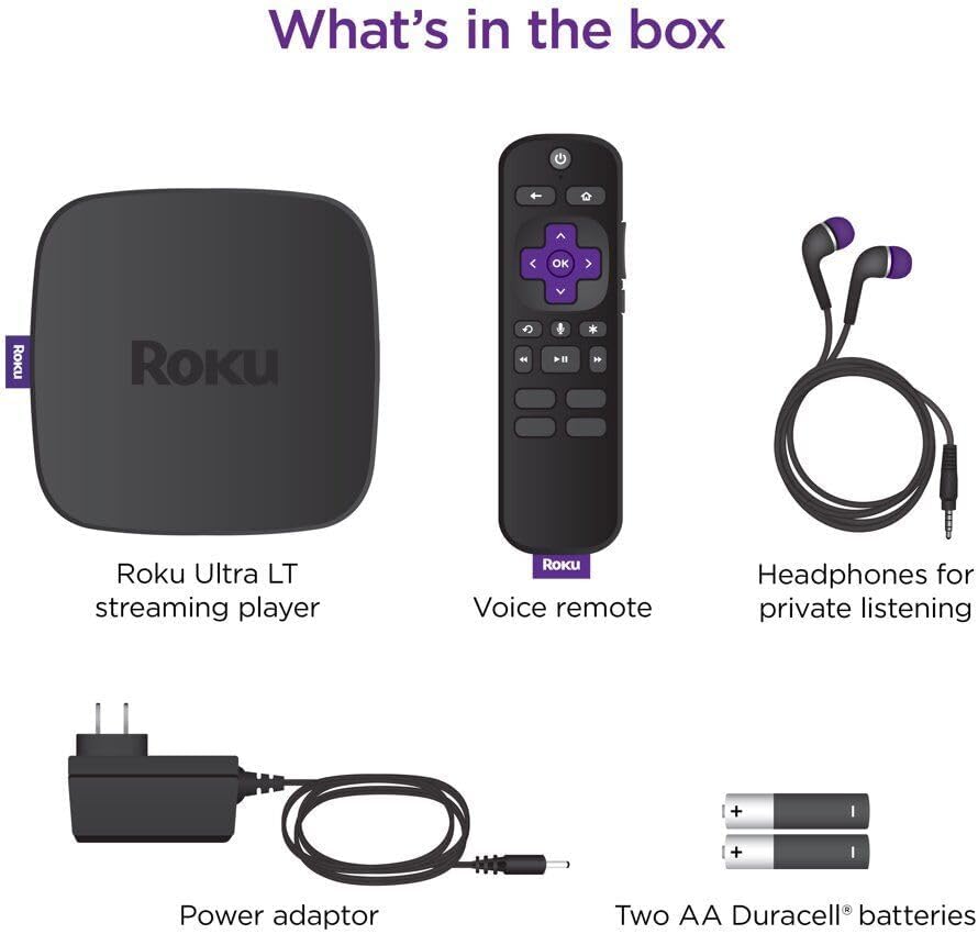Roku Ultra LT 4K/HDR/HD Streaming Player with Enhanced Voice Remote, Ethernet, MicroSD with Premium 6FT 4K Ready HDMI Cable, Black