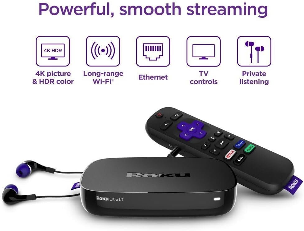 Roku Ultra LT 4K/HDR/HD Streaming Player with Enhanced Voice Remote, Ethernet, MicroSD with Premium 6FT 4K Ready HDMI Cable, Black