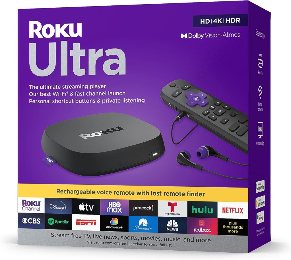 Roku Ultra | The Ultimate Streaming Device 4K/HDR/Dolby Vision/Atmos, Rechargeable Roku Voice Remote Pro, Ethernet Port, Hands-Free Controls, Lost Remote Finder, Free Live TV Roku Ultra | The Ultimate Streaming Device 4K/HDR/Dolby Vision/Atmos, Rechargeable Roku Voice Remote Pro, Ethernet Port, Hands-Free Controls, Lost Remote Finder, Free Live TV