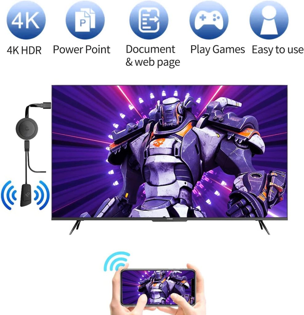 4K 2K 1080P Wireless HDMI Streaming Adapter, Compatible Phone/Tablet/PC to HDTV/Projector, Movies/Shows/Live TV, Airplay/Miracast/DLNA
