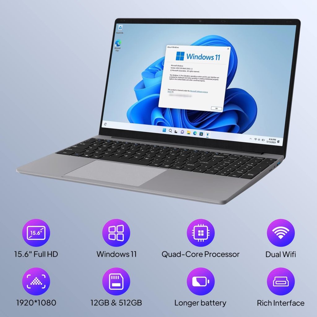 ApoloSign Windows Laptop, 12GB RAM, 512GB SSD(Expandable 1T) 15.6-inch Laptop Computer, 1080P FHD Display, Intel Jasper Lake N5095, Up to 2.8GHz Slim Computer with 2.4G/5G WiFi, 2 Speakers-Gray