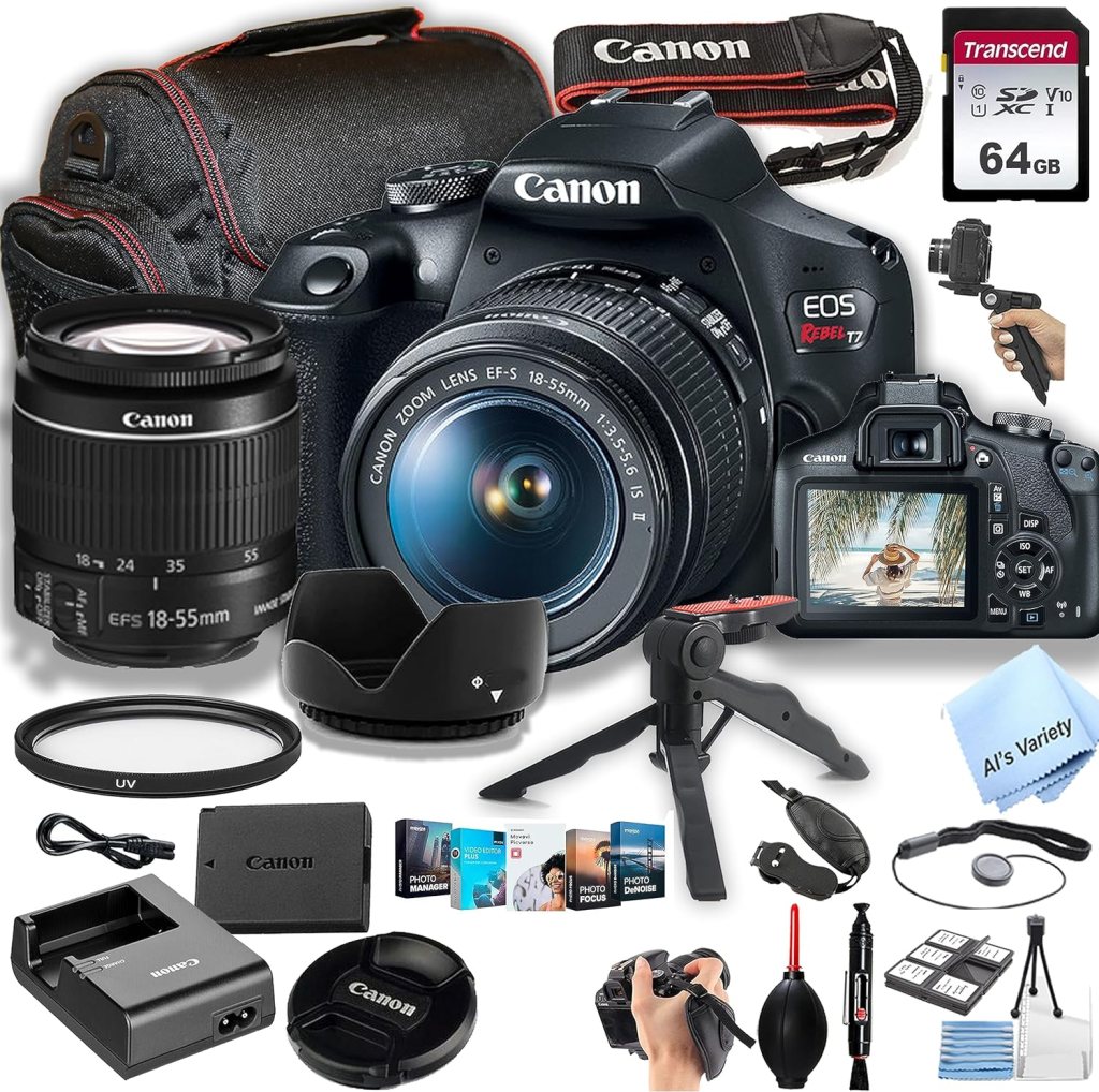 Canon EOS Rebel T7 DSLR Camera w/EF-S 18-55mm F/3.5-5.6 is II Zoom Lens + 64GB Memory, Case, Gripster Tripodpod, and More (26pc Bundle) (Renewed)