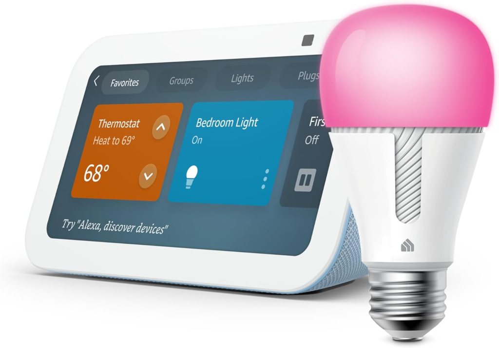Echo Show 5 (3rd Gen, 2023 release) in Cloud Blue bundle with TP-Link Kasa Smart Color Bulb