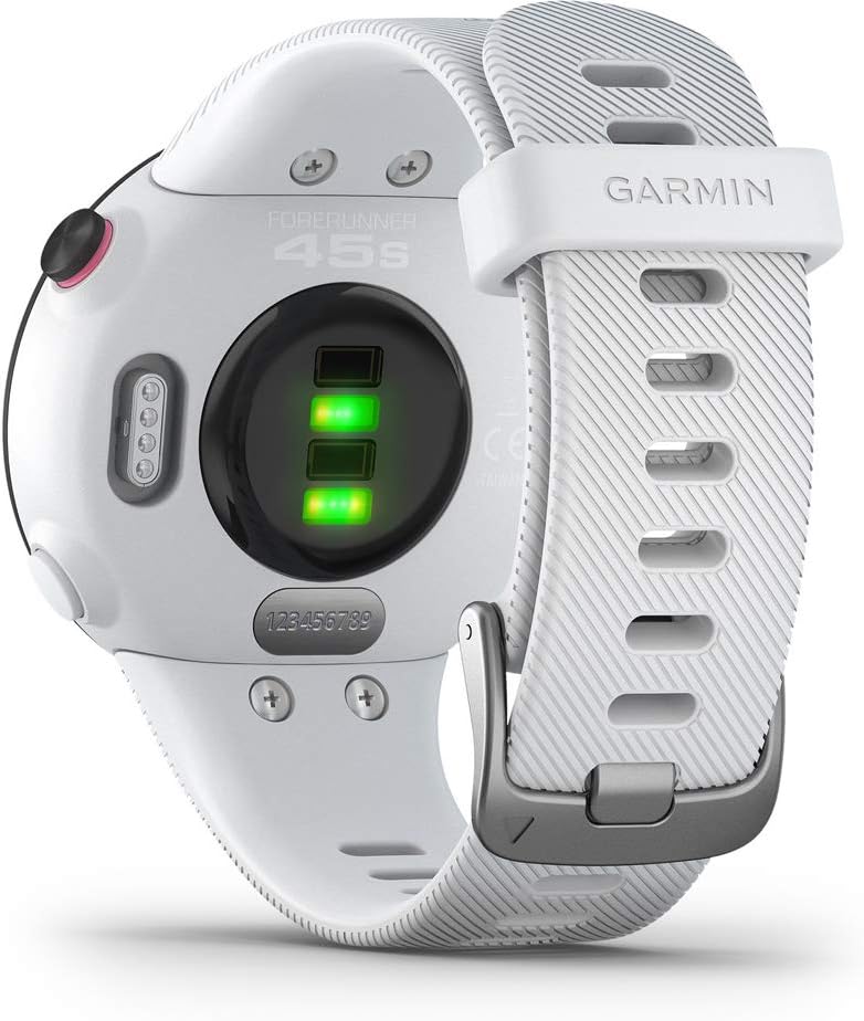 Garmin 010-02156-00 Forerunner 45S GPS Running Watch 39mm, White Bundle with Workout Cooling Sport Towel and Deco Essentials Wearable Commuter Front and Rear Safety Light