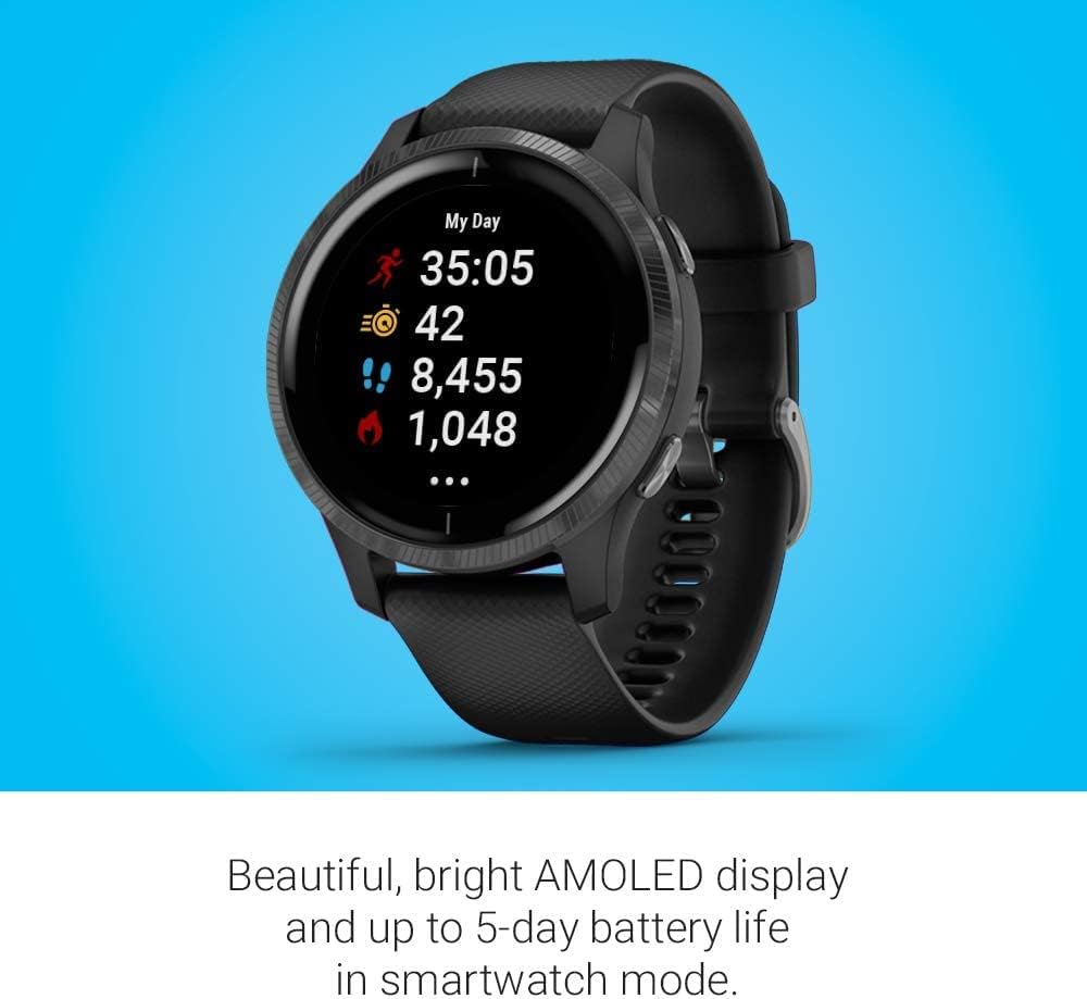 Garmin 010-02173-11 Venu AMOLED GPS Smartwatch -Slate Stainless Steel Bezel with Black Case and Silicone Band (Refurbished), 010-02173-11-Cr