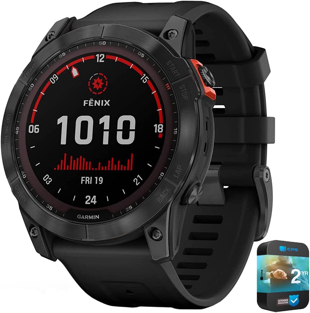 Garmin 010-02541-00 Fenix 7X Solar Smartwatch Slate Gray with Black Band Bundle with 2 YR CPS Enhanced Protection Pack