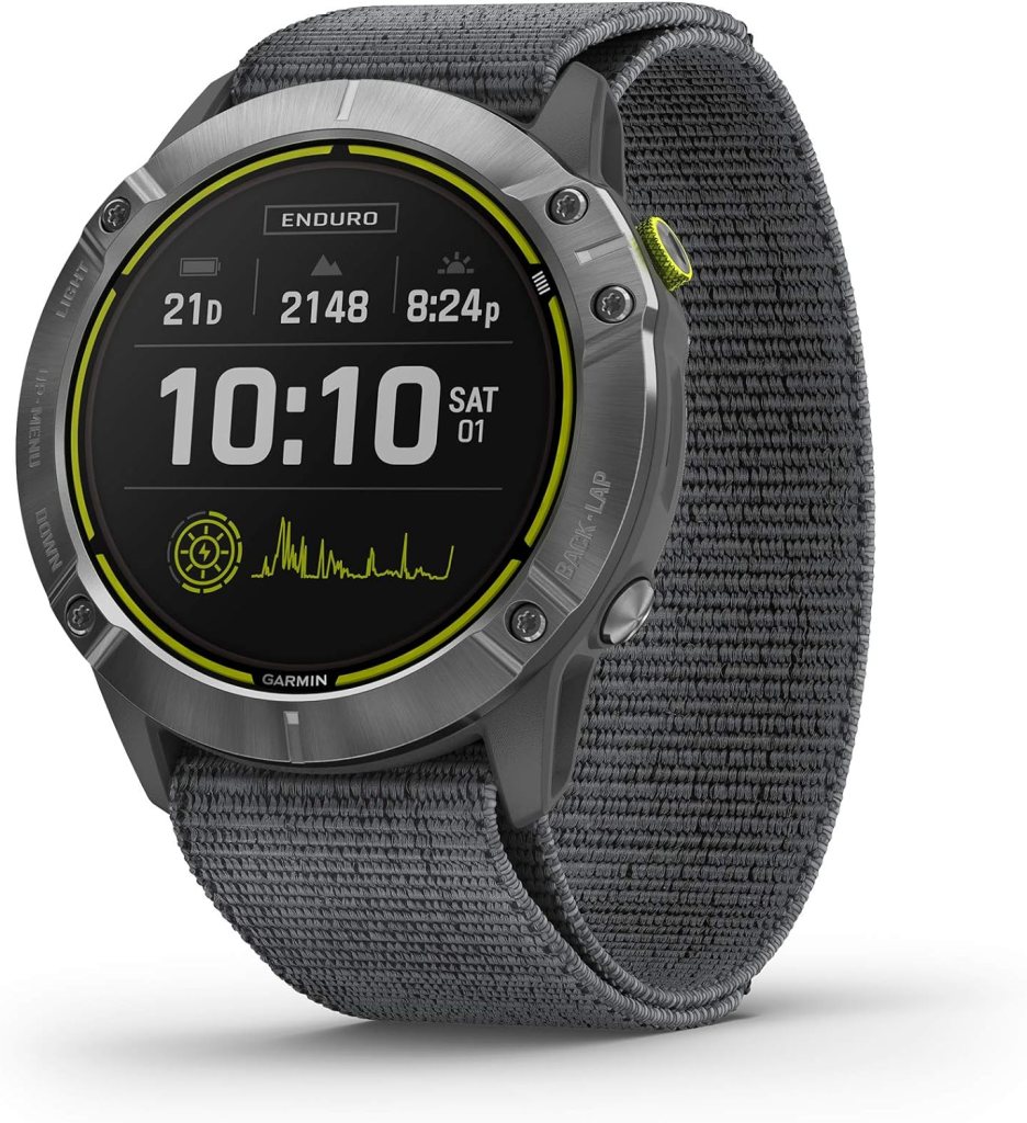 Garmin Enduro, Ultraperformance Multisport GPS Watch with Solar Charging Capabilities, Battery Life Up to 80 Hours in GPS Mode, Carbon Gray DLC Titanium with Black UltraFit Nylon Band Garmin Enduro, Ultraperformance Multisport GPS Watch with Solar Charging Capabilities, Battery Life Up to 80 Hours in GPS Mode, Carbon Gray DLC Titanium with Black UltraFit Nylon Band
