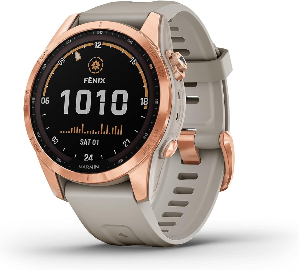 Garmin fenix 7S Solar, Smaller sized adventure smartwatch, with Solar Charging Capabilities, Rugged outdoor watch with GPS, touchscreen, rose gold with light sand band Garmin fenix 7S Solar, Smaller sized adventure smartwatch, with Solar Charging Capabilities, Rugged outdoor watch with GPS, touchscreen, rose gold with light sand band