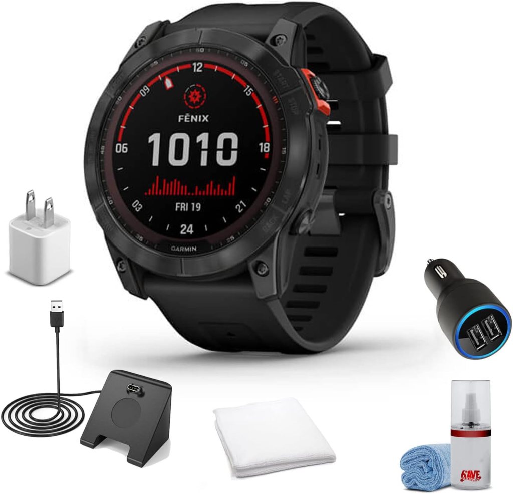 Garmin Fenix 7X Solar Edition Smart Watch Slate Gray with Black Band (51mm) + Watch Charging Stand + USB Car/Wall Adapter + 6TH AVE Cleaning Kit + Sweat Workout Towel (010-02541-00)