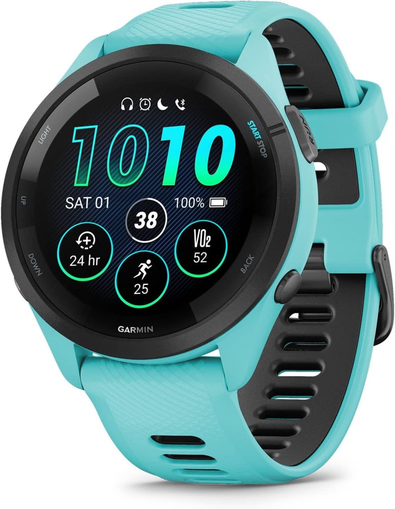 Garmin Forerunner 265 Running Smartwatch, Colorful AMOLED Display, Training Metrics and Recovery Insights, Aqua and Black