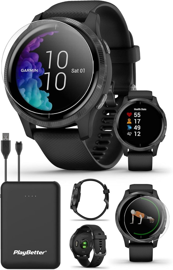 Garmin Venu (Black/Slate) Fitness Smartwatch for Men Women - Stylish Stunning AMOLED Touchscreen Watch with Workouts Music - Power Bundle with Venu Screen Protectors (x4) Portable Charger Garmin Venu (Black/Slate) Fitness Smartwatch for Men Women - Stylish Stunning AMOLED Touchscreen Watch with Workouts Music - Power Bundle with Venu Screen Protectors (x4) Portable Charger