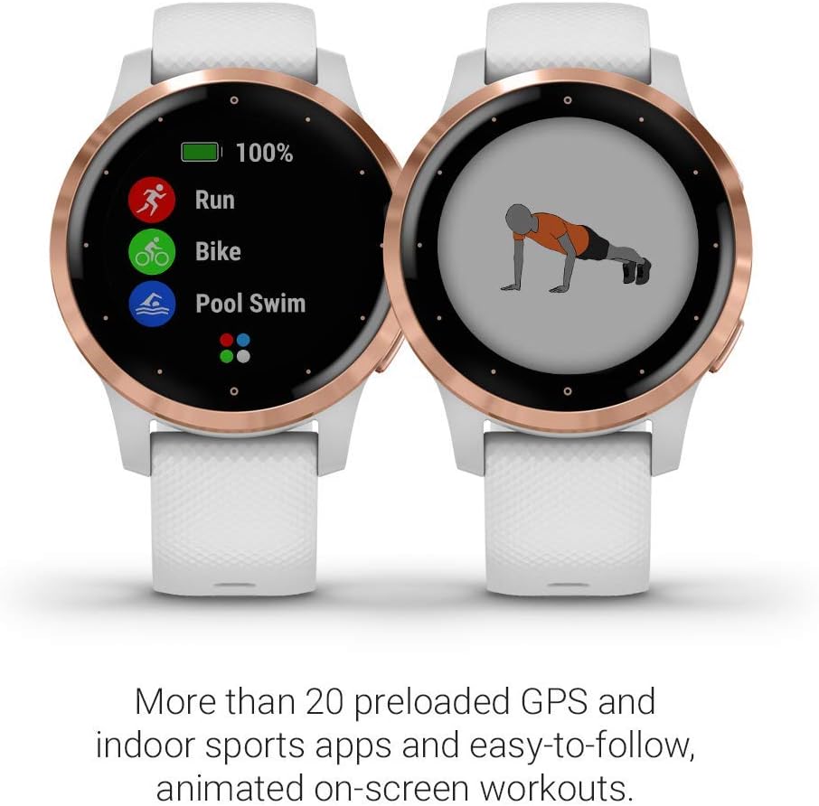 Garmin vívoactive 4S, Smaller-Sized GPS Smartwatch, Features Music, Body Energy Monitoring, Animated Workouts, Pulse Ox Sensors and More, Rose Gold with White Band (Renewed)