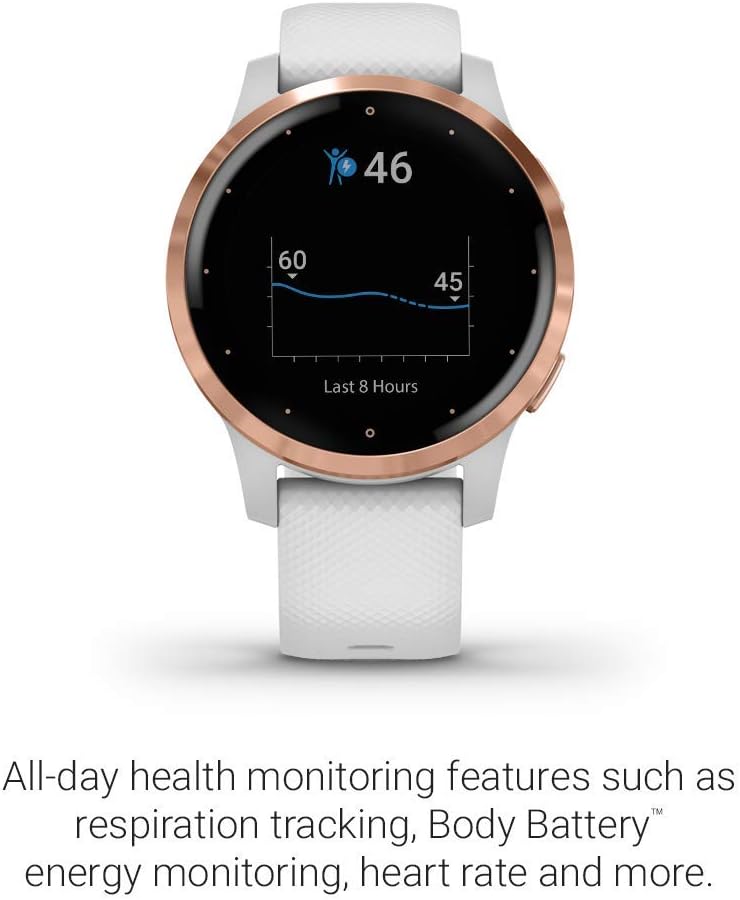 Garmin vívoactive 4S, Smaller-Sized GPS Smartwatch, Features Music, Body Energy Monitoring, Animated Workouts, Pulse Ox Sensors and More, Rose Gold with White Band (Renewed)