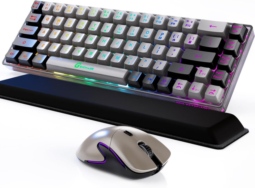 GEODMAER Wireless Gaming Keyboard and Mouse and Cooling Gel Wrist Rest, 68 Keys Compact Anti-ghosting No-Conflict Rechargeable Backlit Keyboard, 6D 3200DPI Mice, Cooling Gel Wrist Rest GEODMAER Wireless Gaming Keyboard and Mouse and Cooling Gel Wrist Rest, 68 Keys Compact Anti-ghosting No-Conflict Rechargeable Backlit Keyboard, 6D 3200DPI Mice, Cooling Gel Wrist Rest