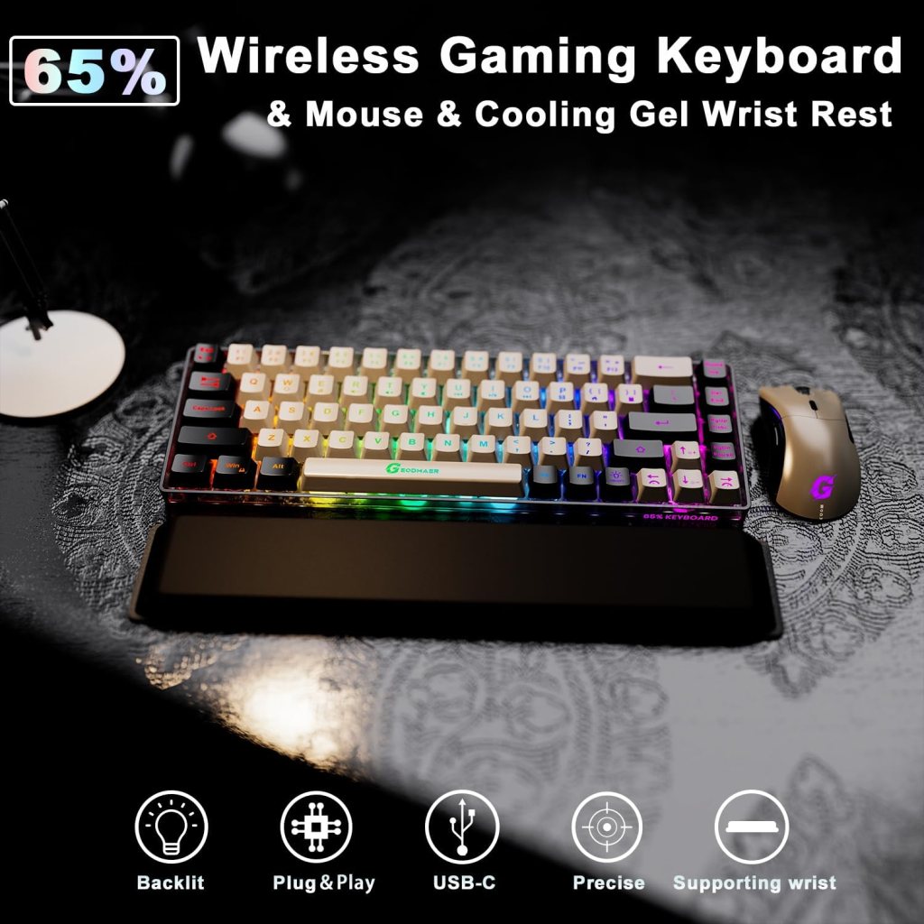 GEODMAER Wireless Gaming Keyboard and Mouse and Cooling Gel Wrist Rest, 68 Keys Compact Anti-ghosting No-Conflict Rechargeable Backlit Keyboard, 6D 3200DPI Mice, Cooling Gel Wrist Rest GEODMAER Wireless Gaming Keyboard and Mouse and Cooling Gel Wrist Rest, 68 Keys Compact Anti-ghosting No-Conflict Rechargeable Backlit Keyboard, 6D 3200DPI Mice, Cooling Gel Wrist Rest