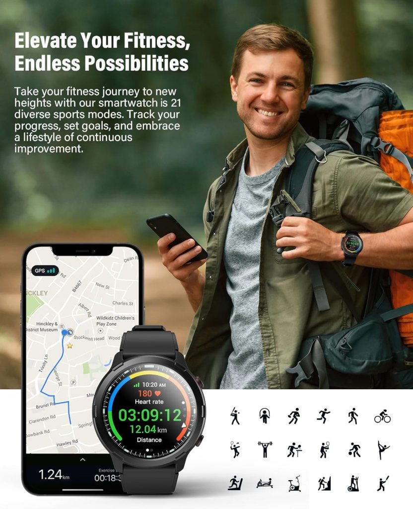 GPS Smart Watch for Men Women, Rugged Outdoor Watch with GPS and Compass, Fitness Tracker with Heart Rate Blood Oxygen Sleep Monitor, IP68 Waterproof, 1.32 Touch Screen, Compatible Android iOS iPhone