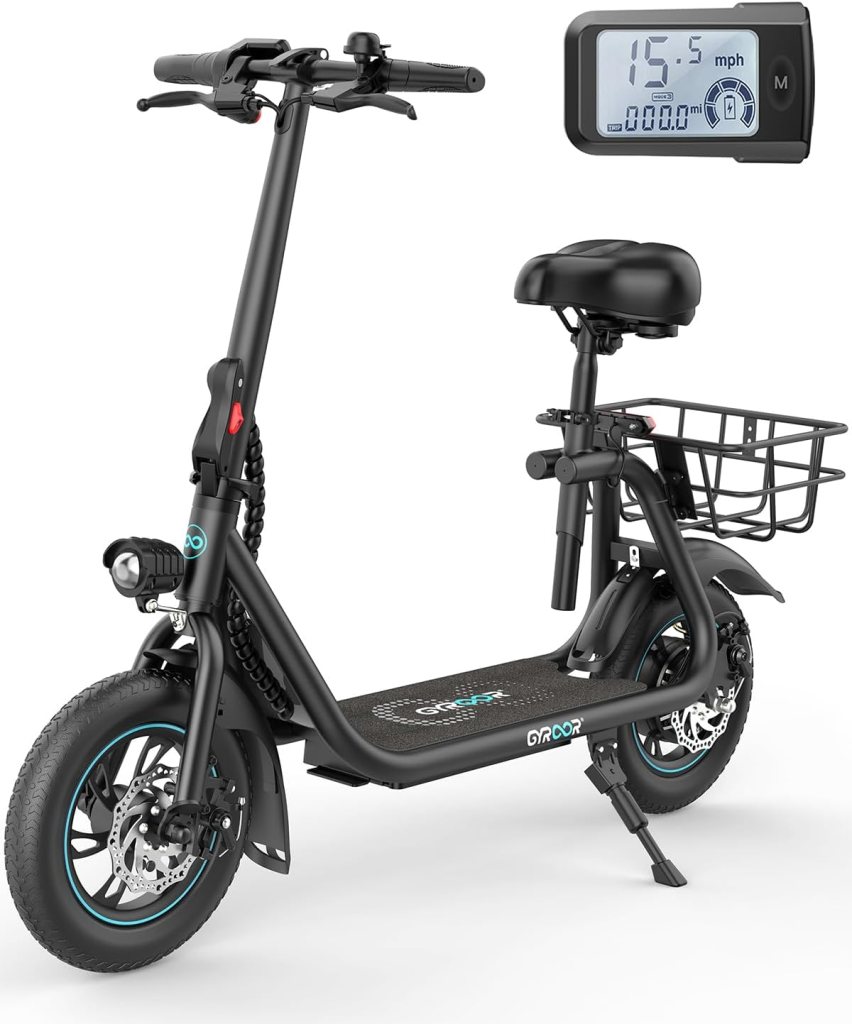Gyroor Electric Scooter for Adults with Seat, 20/25 Miles Range 450W Motor up to 15.5/18.6 MPH Speed LCD Display, Electric Scooter with Basket
