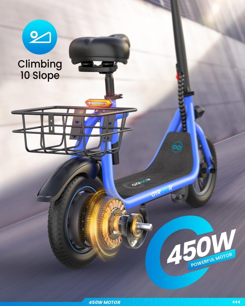 Gyroor Electric Scooter for Adults with Seat, 20/25 Miles Range 450W Motor up to 15.5/18.6 MPH Speed LCD Display, Electric Scooter with Basket