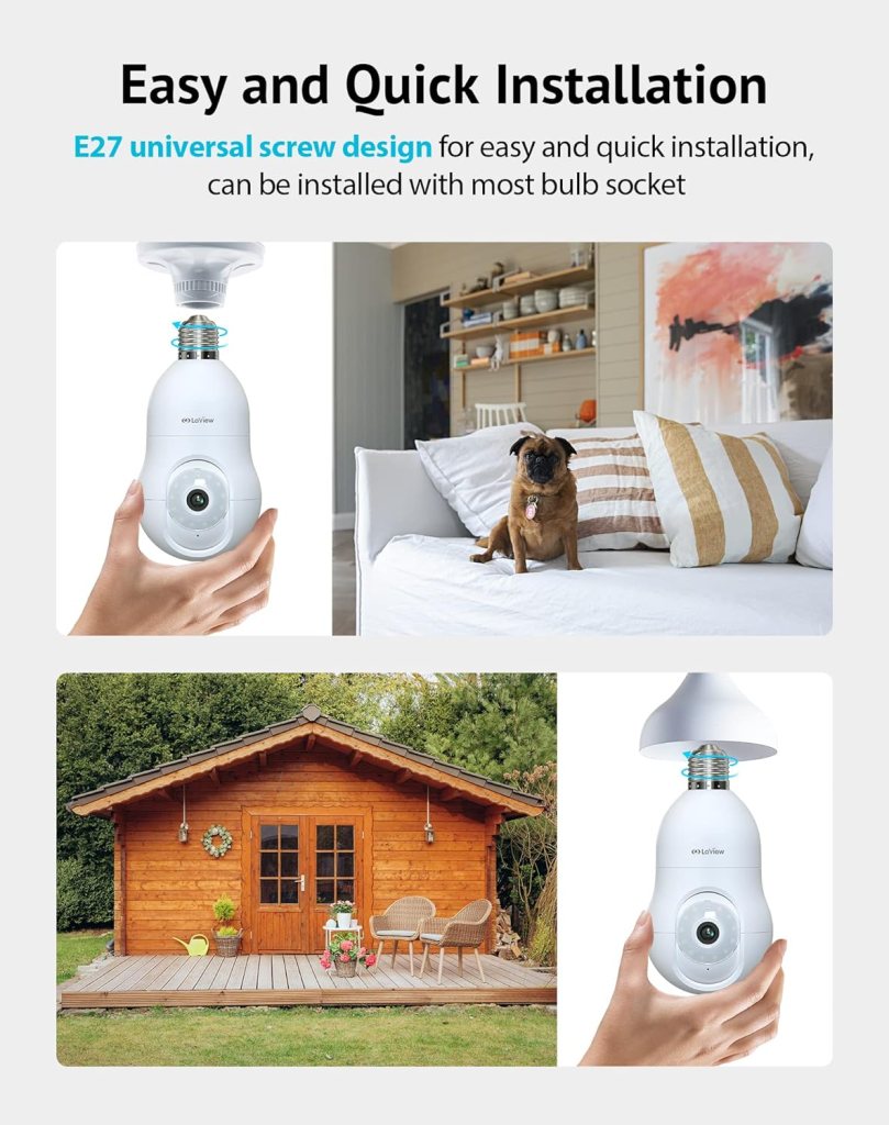 LaView 4MP Bulb Security Camera 3Pcs 2.4GHz,360° 2K Security Cameras Wireless Outdoor Indoor Full Color Day and Night, Motion Detection, Audible Alarm, Easy Installation, Compatible with Alexa