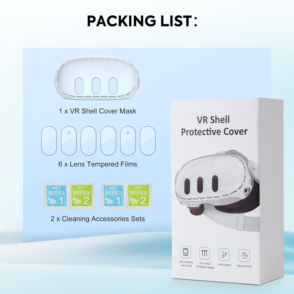 MoKo VR Accessories for Meta Quest 3, VR Headset Protective Shell Cover for Oculus Quest 3 Included VR Shell Cover and 6-Pack Lens Tempered Glass Protector, Transparent