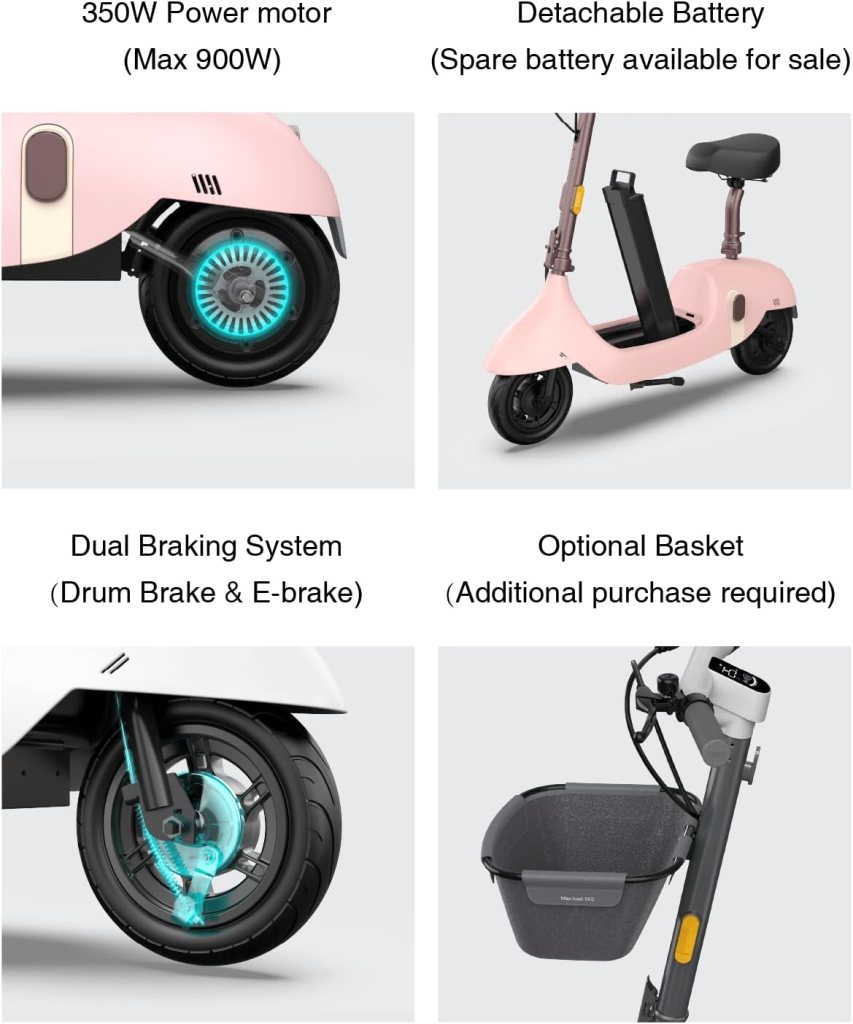 OKAI | Ceetle Pro | Electric Scooter with Seat | Up to 35 Miles Range | 15.5MPH | Stylish Moped Scooter | 10 inch Vacuum Tires