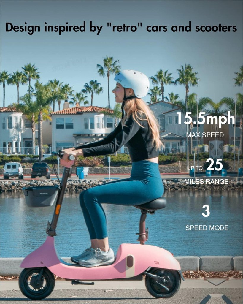 OKAI EA10 Electric Scooter with Seat | Adult Retro Style Moped | Removable Battery | Up to 25 Mile Range 15.5 MPH | 750W Peak Power | 10 Vacuum Tires (Optional Basket) OKAI EA10 Electric Scooter with Seat | Adult Retro Style Moped | Removable Battery | Up to 25 Mile Range 15.5 MPH | 750W Peak Power | 10 Vacuum Tires (Optional Basket)